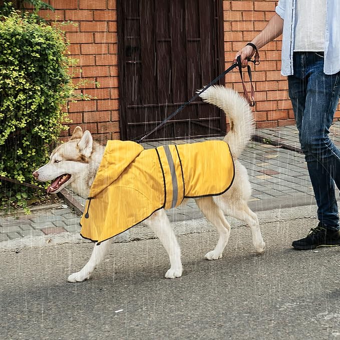 Reflective Waterproof Dog Raincoat - Lightweight Dog Rain Jacket with Hooded, Adjustable Pet Rain Coat Poncho Slicker for Dog Walking (Large, Yellow)