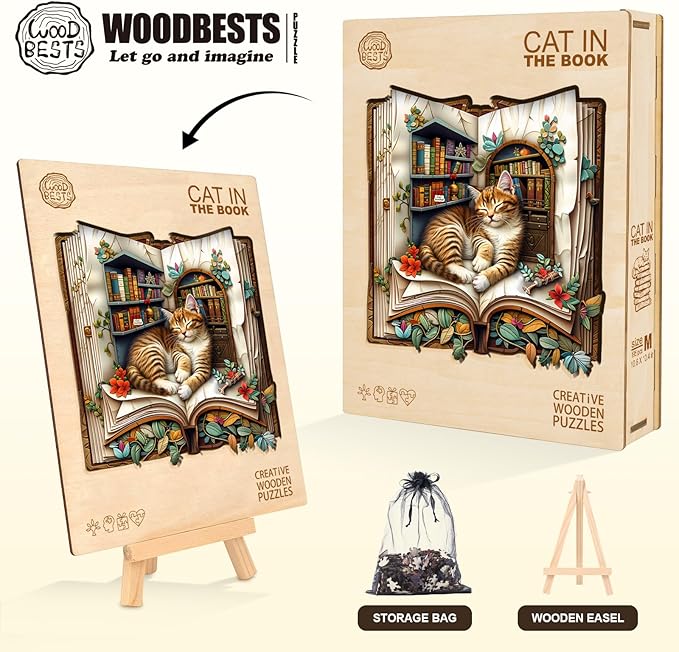 WOODBESTS Wooden Puzzles for Adults, Cat in The Book Wood Puzzles Adult(100 Pieces, S, 7.7 * 7.6in), Unique Shape Wooden Animal Jigsaw Puzzles, Birthday Gifts for Adults Family Game