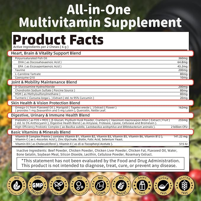 25-in-1 Dog Multivitamin Chews – All-in-One Daily Vitamins & Supplements for Dogs, Joint Support with Glucosamine MSM, Omega-3 Skin & Coat, Gut, Heart & Brain, All Breeds & Ages, Beef, 60Ct