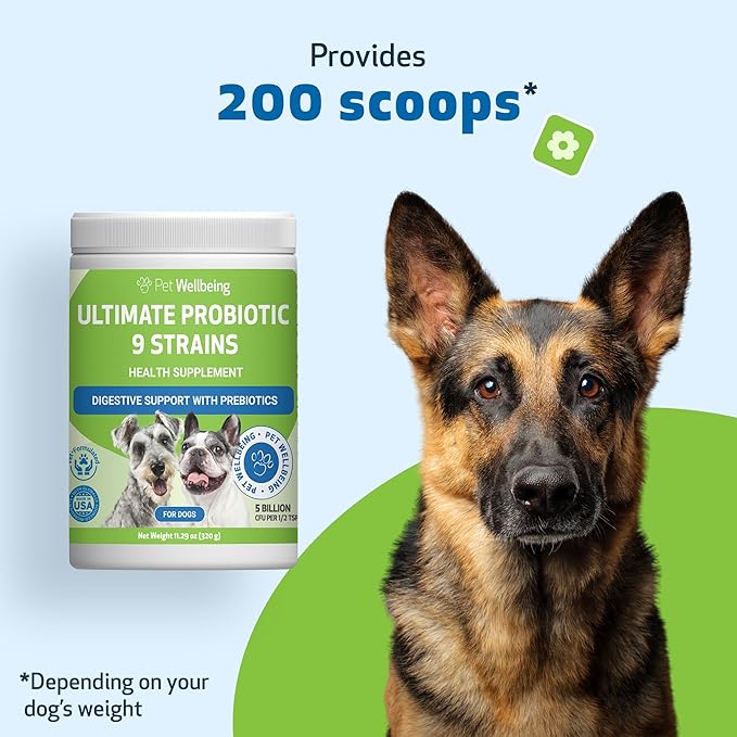 Pet Wellbeing Ultimate Probiotic 9 Strains for Dogs & Cats - Supports The Gut Microbiome and Digestion, Immune System Care, Urinary Tract Health, FOS, 2.5 Billion CFU - 11.29 oz (320 g) Powder