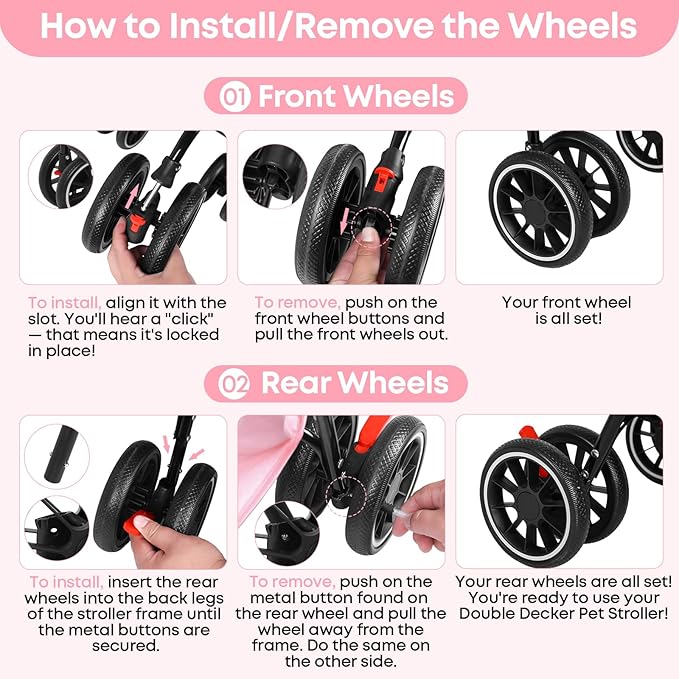 Double Pet Stroller for Dogs and Cats,Cat Strollers for 2 Cats,Double Dog Stroller for 2 Small Medium Dogs,4 Lockable Wheels/Lightweight/Folding,Pink