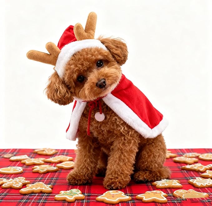 Cat Christmas Costume Reindeer Cloak - Soft Plush Adjustable Cape for Cats & Small Dogs, Warm Holiday Party Dress Up for Xmas Photos, Gift for Pet Lovers