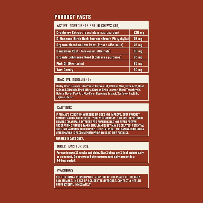 Rocco & Roxie Cat Urinary Tract Health Supplement, Cranberry and D-Mannose for Bladder, UT and Kidney Support for Cats, Vet-Recommended, Chicken-Flavored Crunchy Chews, Made in USA