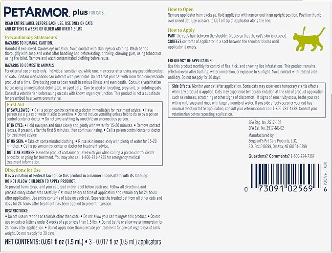 PetArmor Plus Flea and Tick Prevention for Cats, Cat Flea and Tick Treatment, 3 Doses, Waterproof Topical, Fast Acting, Cats Over 1.5 lbs