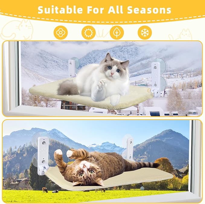 Cat Window Perch, Foldable Cat Window Hammock Sunbathing and Climbing Cats Hammock for Window Bed Bearing 40 Pounds Window Perch for Cats Inside 2-in-1 Reversible Cover (Beige)