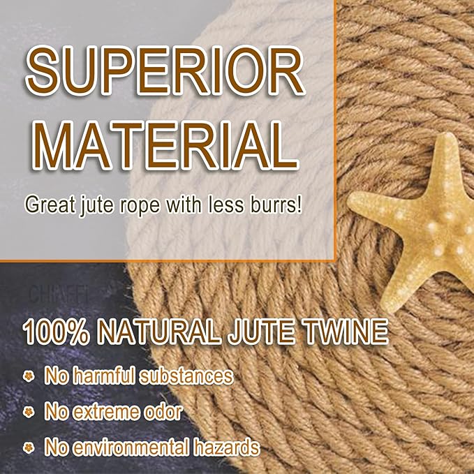 6mm Jute Twine String, 164 Feet 4 Ply Thick Heavy Duty Twine Rope for Crafts, Cat Scratching Post, Cats Toy Making, Gardening Plant, Packing, Bundling, Christmas, Wedding Decor