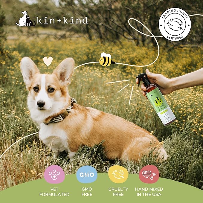 kin+kind Plant Based Flea and Tick Spray for Dogs and Cats – Essential Oil Formula with Lemongrass – Flea and Tick Prevention for Cats, Kittens, Puppies & Dogs - Pet Supplies - Family Safe – 32 fl oz