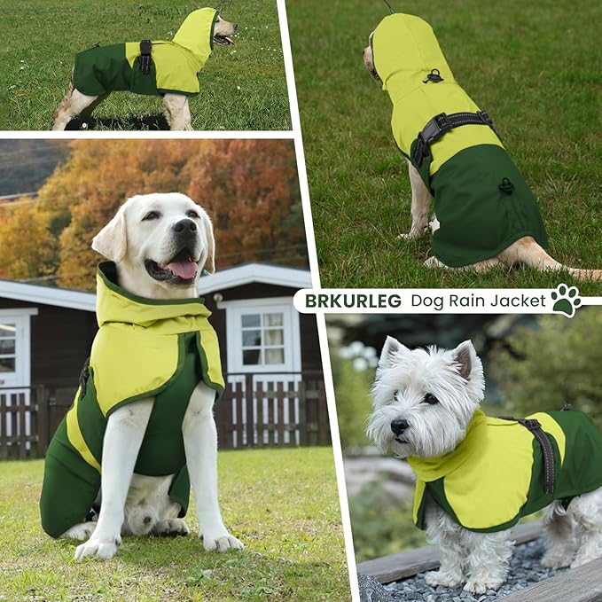 BRKURLEG Dog Raincoat for Small Medium and Large Dogs Waterproof Dog Rain Jacket Adjustable Hooded Dogs Raincoat Pet Rain Coat Poncho with Leash Hole, Reflective Strip, Green, L