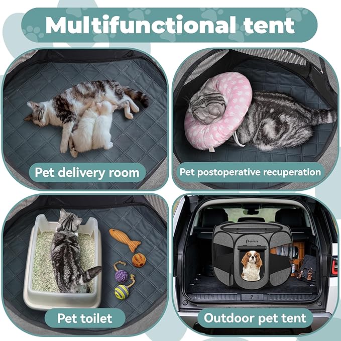 Dog Cat Playpen Indoor Outdoor for Puppy Pet Dogs Cat Recovery After Surgery, Dog Tent Crates Cage Indoor/Outdoor, Portable Pop Up Kennel with Carrying Case for Travel (Premium Grey with Pad, Medium)