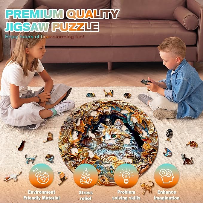Wooden Puzzles for Adults - Unique Animal Shaped Cat Puzzle, 3D Vision Wooden Jigsaw Puzzle, Christmas Birthday Gifts for Friends/Family, Home Decor 8.5 * 8.5in 100pcs