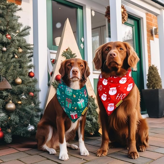 Christmas Dog Bandanas 2 Pack, 4 Pattern Reversible Holiday Bandana for Boy and Girl, Dog Scarf for Medium and Large Breed Dogs | Chritmas Gift | Reindeer | Santa Claus | Tree |
