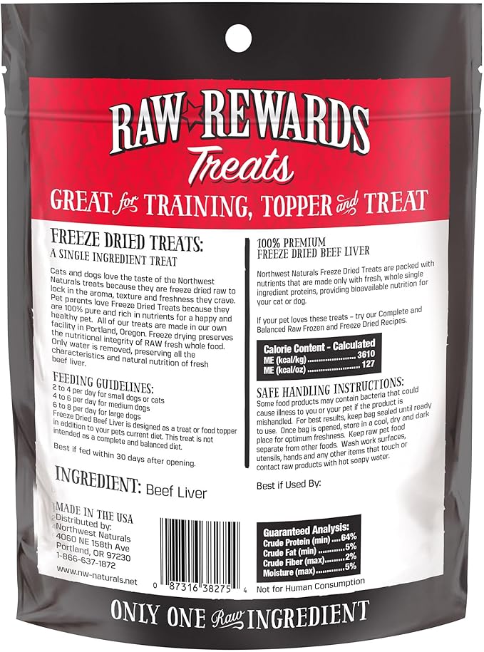 Northwest Naturals Raw Rewards Freeze-Dried Beef Liver Treats for Dogs and Cats - Bite-Sized Pieces - Healthy, 1 Ingredient, Human Grade Pet Food, All Natural, Proudly Made in USA, 3 Oz