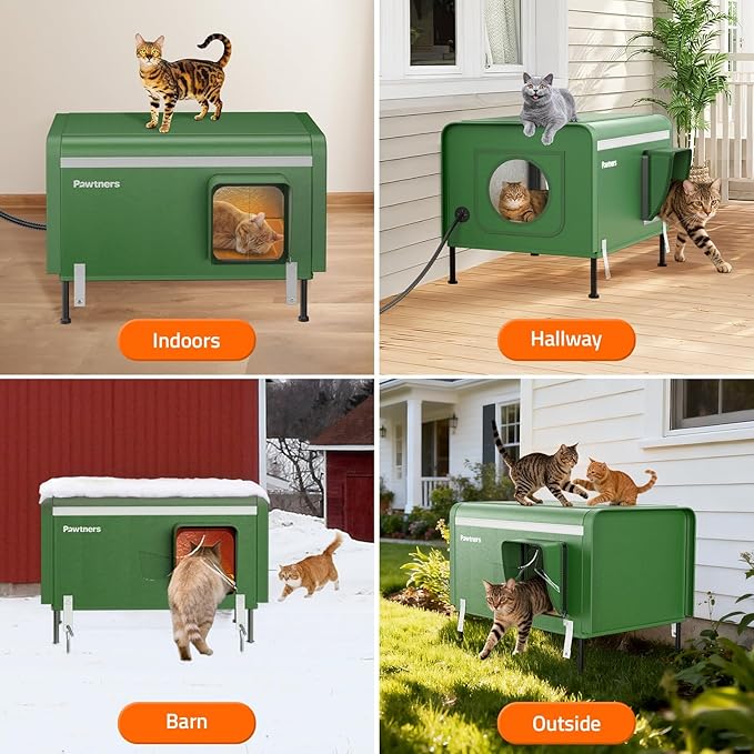 Pawtners Heated Outdoor Cat House for Outside Cats, 26'' XL Insulated Weatherproof Cat Shelter with Heated Pad, Elevated Feet & Escape Door, Warm Kitty House for Feral or Stray Cats in Winter
