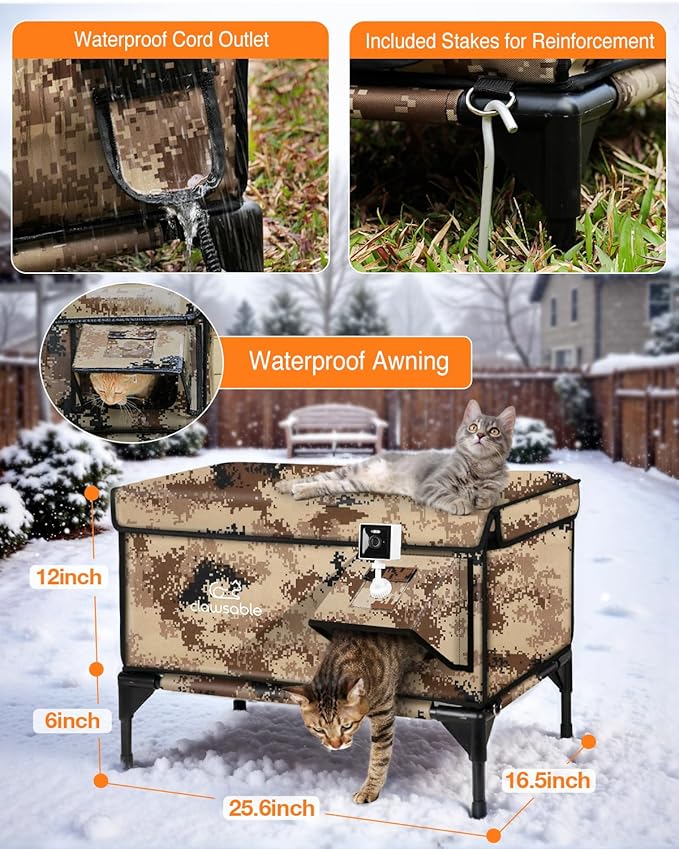 Indestructible Heated Cat House with Pet Camera for Outside Winter, 100% Waterproof, Escape Door, Insulated Outdoor Cat Shelter with Heater for Feral Barn Cat Kitty (Desert Camouflage, 26"x16"x18")