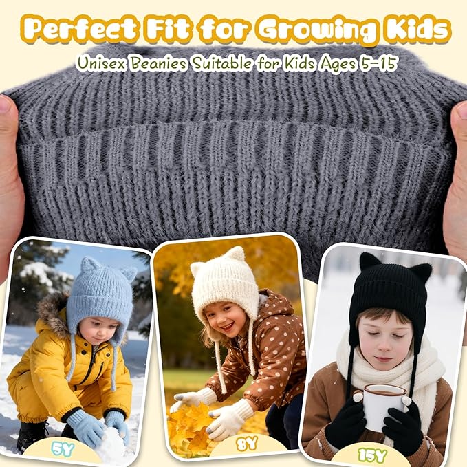 ZOORON Kids Winter Hat for Boys Girls, Cat Beanie Children Knit Skull Cap with Warm Ear Flap, Teen Beanie Hat Age 5-15 Years