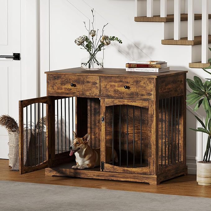 40'' Wooden Dog Crate Furniture–Farmhouse Dog Kenel-Multi Purpose Pet House with Double Doors, 2 Drawers, for Small, Medium & Large Dogs–Rustic Brown Finish