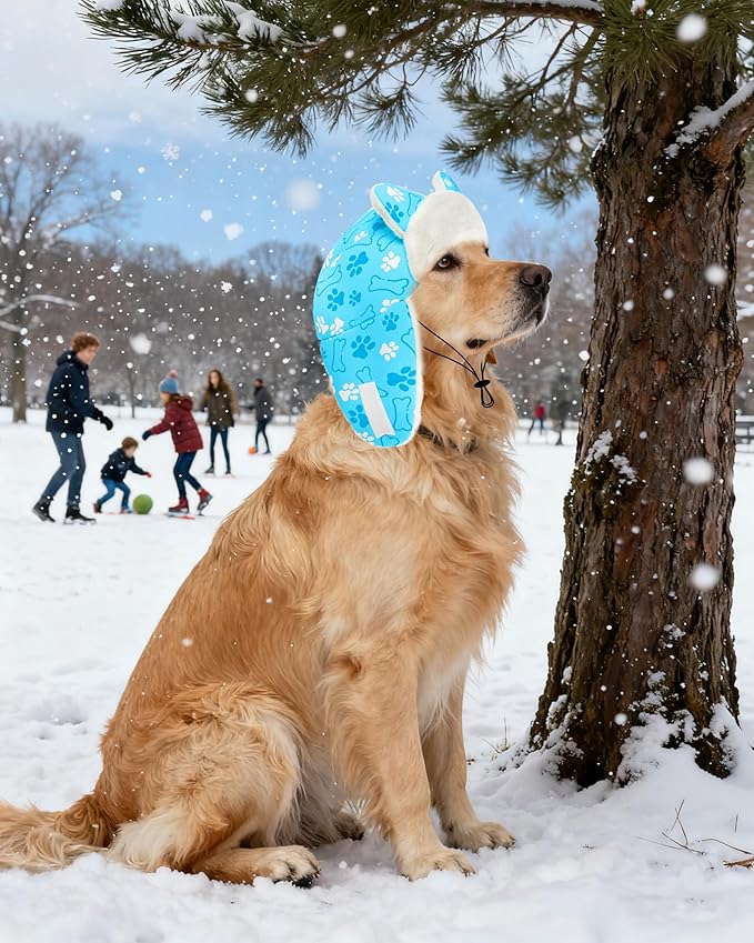 PET SHOW Dog Trapper Hat Winter Hat for Medium Large Dogs Warm Fleece Aviator Hats with Ear Flaps Adjustable Outdoor Boy Pet Pilot Costume Cap L-Blue Paw/Without Ear Holes