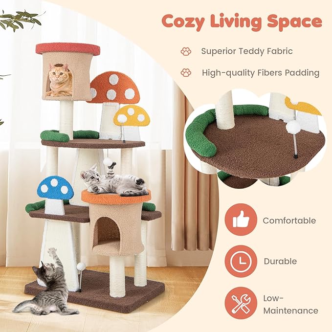 Tangkula Mushroom Cat Tree, Multi-Level Cute Cat Tower with Full-Wrapped Sisal Posts, Scratching Boards & Interactive Balls, 2 Cat Condo, Flower Cat Tree Tower for Indoor Cats Large Adult (57.5 Inch)