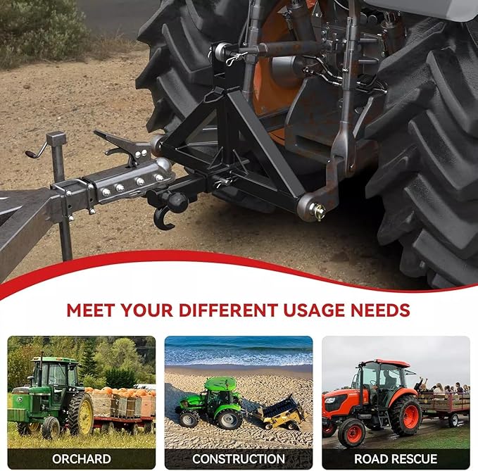 3 Point Trailer Hitch with 2" Receiver and Towing Hook - Heavy Duty Drawbar Adapter for 3 Pt Farm Equipment and Subcompact Trailers, Compatible with Kubota, Yanmar, Kioti, and Cat Tractors