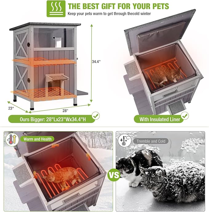 GUTINNEEN Heated Cat House for Outside Outdoor Cat House Insulated with Heated Pad, Insulated Liner, 2 Story Large Wooden Shelter with Two Escape Doors for Multiple Cats,Flat Roof