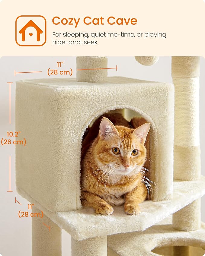 Feandrea Cat Tree, 61-Inch Cat Tower for Indoor Cats, Plush Multi-Level Cat Condo with 5 Scratching Posts, 2 Perches, 2 Caves, Hammock, 2 Pompoms, Beige UPCT192M01