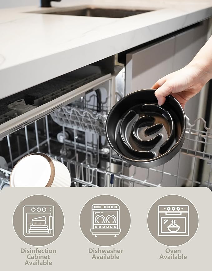 Ceramic Slow Feeder Dog Bowls Elevated, 0.6 Cup Slow Feeder for Small Dogs and Cats, Puzzle Maze Bowl, Prevents Choking, 6in, Black