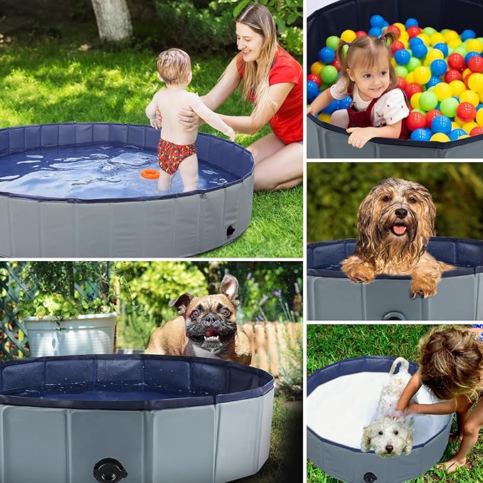 Foldable Dog Pool, Portable Pet Bath Tub and Kiddie Swimming Pool, Collapsible Bathtub for Puppies, Small, Medium and Large Dogs, Cats and Kids, 39.5 x 12 in, Gray
