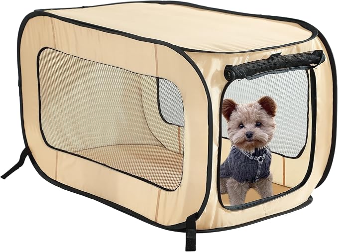 Beatrice Home Fashions Portable, Collapsible, Pop Up Kennel Travel Cat and Dog Crate, 32.5" L x 19.5" W x 19.5" H, Beige