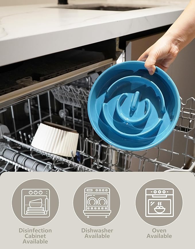 Ceramic Slow Feeder Bowls for Large Dogs, 3.0 Cups Slow Feeder for Fast Eaters, 48oz, 10in, Blue