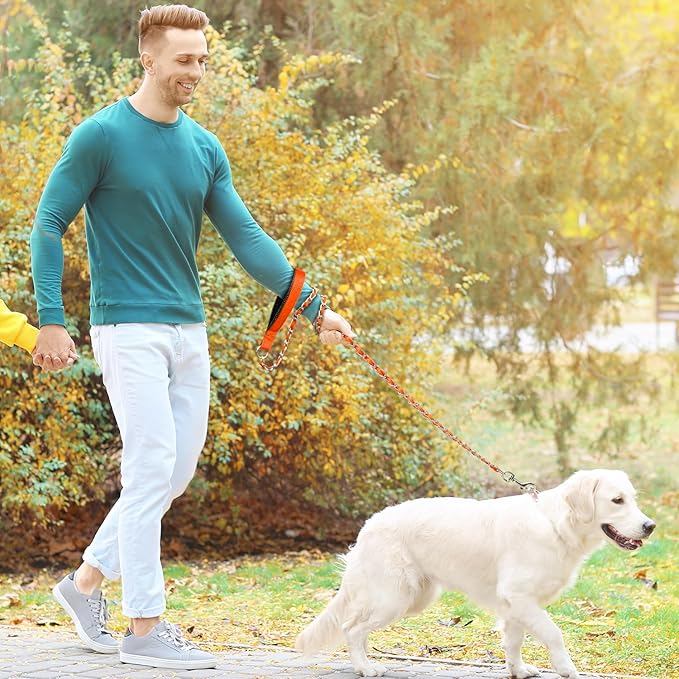 Heavy Duty Metal Dog Leash, Chew Proof Dog Chain Leash with Comfortable PU Leather Padded Handle, Metal Chain and Nylon Rope Leash for Medium Large Pooch Walking Training (6ft 3.0mm Orange)