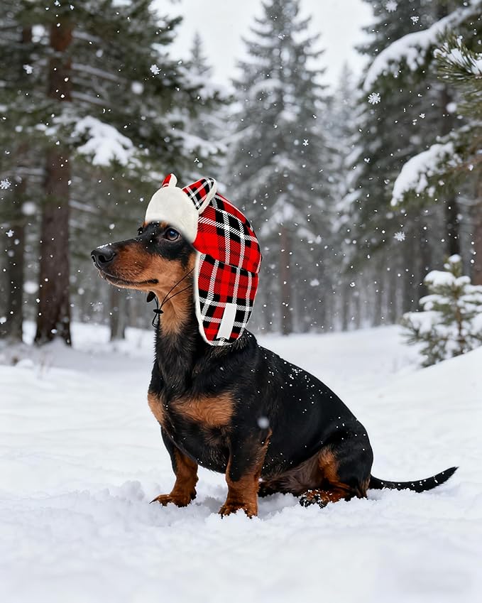 PET SHOW Dog Trapper Hat Winter Hat for Small Dogs Christmas Warm Fleece Aviator Hats with Ear Flaps Adjustable Outdoor Boy Puppy Pet Pilot Costume Cap S-Red Plaid/Without Ear Holes