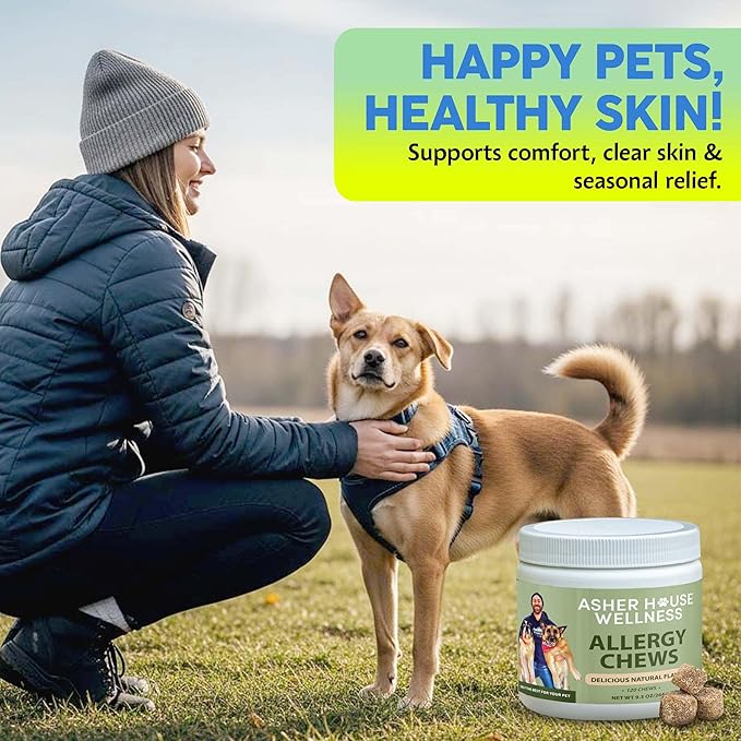 Asher House Wellness Dog Allergy Chews - All-Natural Itchy Skin Relief for Dogs with Bee Pollen, Colostrum - Licking Paw Treatment, Allergy Medicine for Dogs Over 12 Weeks, 120 Chews