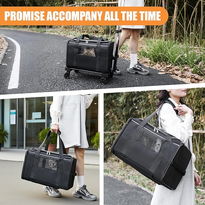 Pet Carrier with Wheels - Soft-Side Wheeled Cat Carrier for Dogs with Telescopic Handle, Collapsible Rolling Pet Travel Bag Carrier for Large Cats Small Medium Dogs for Camping Vet Visiting Black
