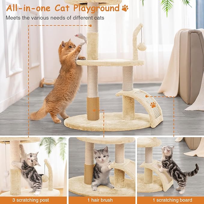 Large Cat Tree Tower with Scratching Post, Modern Kitten Tower for Indoor Cats, 32 Inch Tall Carpet Sisal Cat Scratcher Stand with Big Bed Perch,Scratch Ramp, Ball Toy for Kitty (Beige)