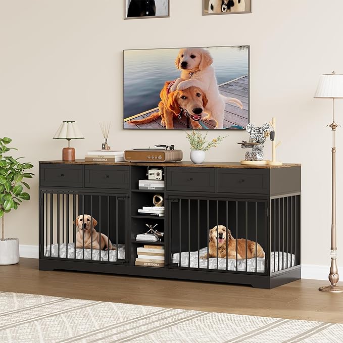 GarveeHome 82” Double Dog Crate Furniture, Large Dog Kennel Indoor for 2 Dogs, Heavy Duty Wooden Dog Crate TV Stand with 4 Drawers and Shelves, Black