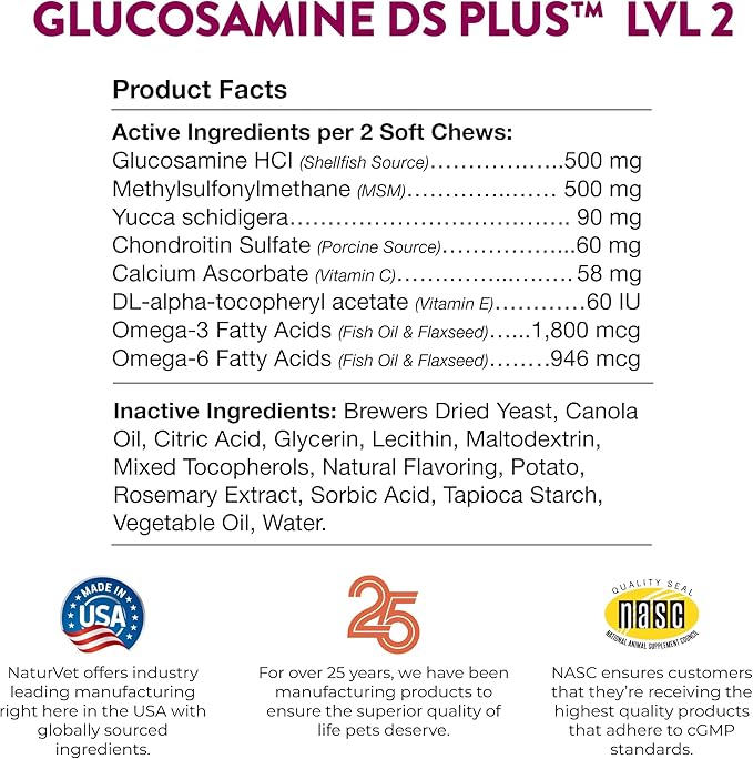 NaturVet – Glucosamine DS Plus - Level 2 Moderate Care – Supports Healthy Hip & Joint Function – Enhanced with Glucosamine, MSM & Chondroitin – for Dogs & Cats – 240 Soft Chews