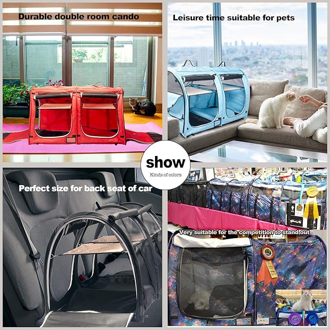 Mispace Portable Twin Compartment Show House Cat Cage/Condo - Easy to Fold & Carry Kennel - Comfy Puppy Home & Dog Travel Crate with Portable Carry Bag/Two Hammocks/Mats and Collapsible Litter Box