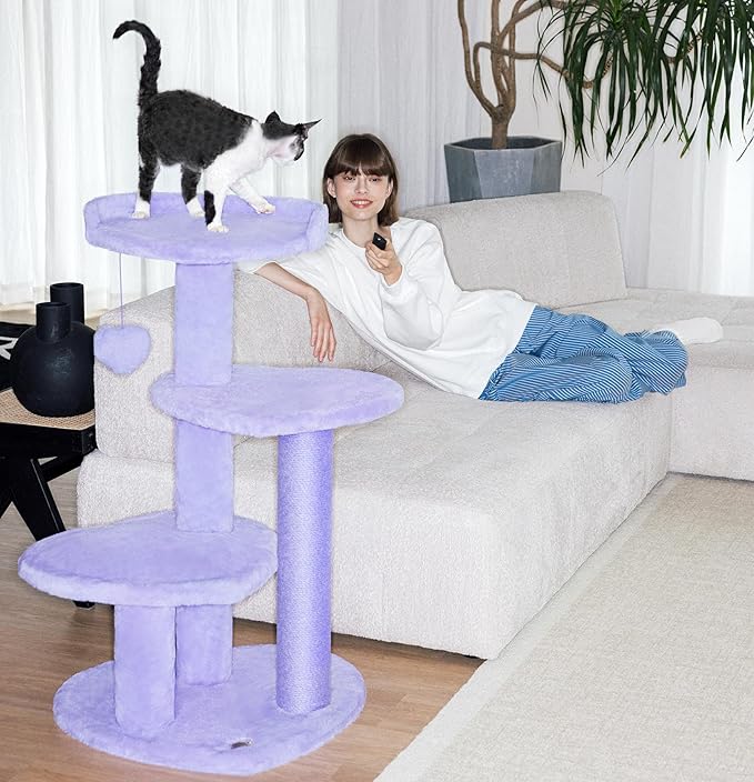 VETRESKA 40 inches Cat Tree for Indoor Cats, Multi Level Cat Tower with Cat Scratching Post, Cute Cat Climbing Tree with Dangling Toy for Cats, Purple