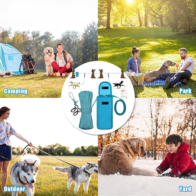Upgraded Dog Tie Out Cable for Camping, 100FT Portable Trolley System for 2 Dogs, Knot-a-Hitch Dogs Hitching System up to 250lbs, Dog Runner for Yard Camping Training Running Hiking Outdoor