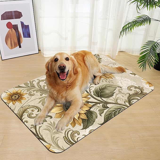 Vintage Sunflower Pet Feeding Mat for Floors–Absorbent Quick Dry Dog Cat Bowl Mat for Food and Water, Non Slip Waterproof Base, Mess-Free Feeding Accessories 12"x20"