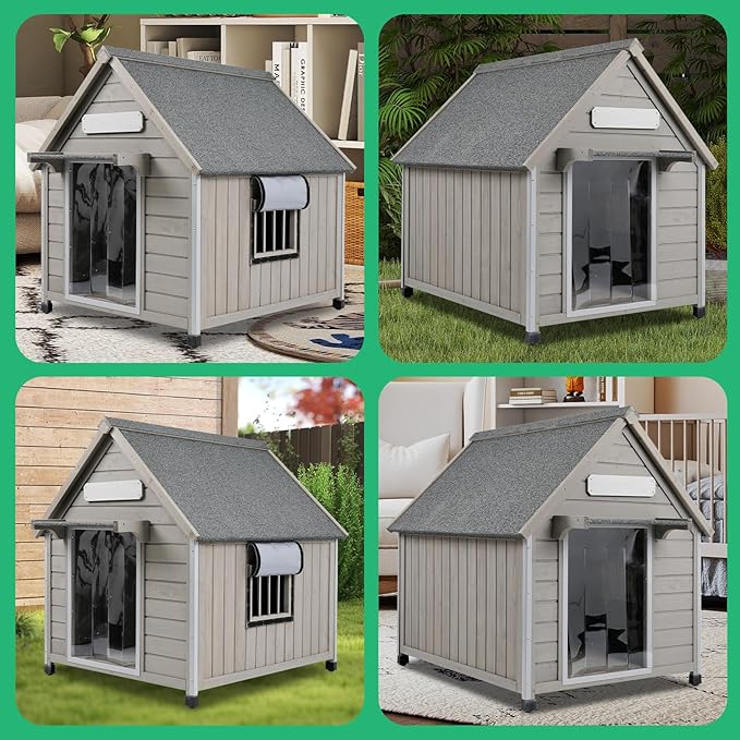 PetsCosset 30.5" L Outdoor Dog House with Waterproof Asphalt Roof for Small to Medium Dogs,Large Wooden Indoor Dog Kennel with Anti-Chewing Metal,Oxford Cloth Window,Durable Doghouse for 1-2 Dogs