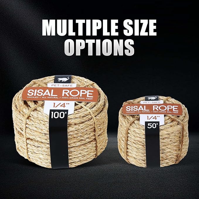 Twisted Sisal Rope 1/4" x 100ft - All Natural Chemical Free, Cat Tree Rope Twine for Scratching Post Repair, Replacement, and Crafts Gardening Home Decorating