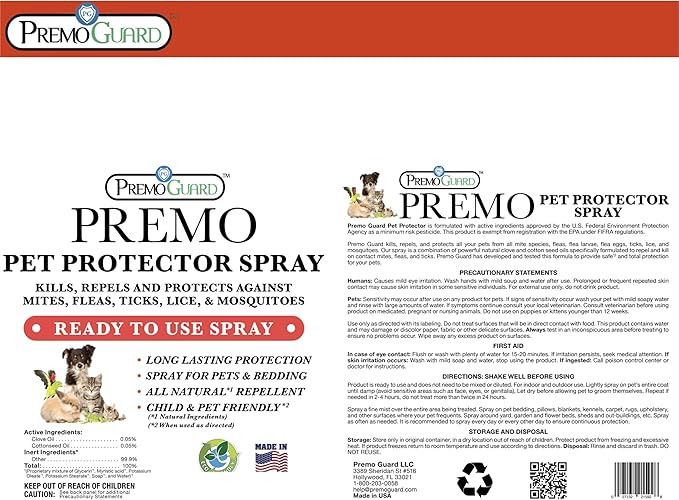 Premo Guard Pet Protector Spray - 32 oz - Kills Mites, Fleas, Ticks, & Mosquitoes - for Dogs, Cats, & Home - Natural Plant Based Oils for Control, Prevention & Treatment - Family Safe