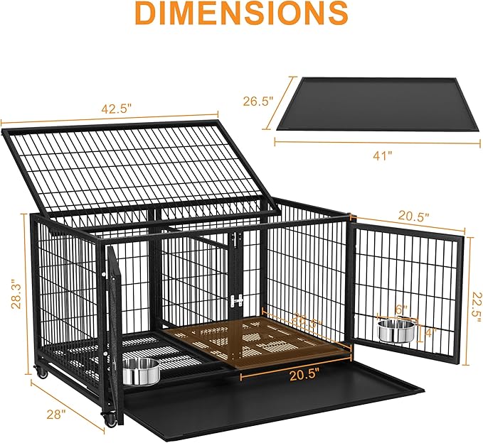 48/43 inch Heavy Duty Dog Crate for Large Dogs, Stackable Dog Kennels and Metal Wire Cages with Feeding Bowls, Leak-Proof Pans, Removable Wire Trays and Divider, Extra Large XL XXL