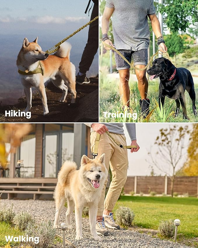 OutdoorMaster Bungee Dog Leash, Heavy Duty Dog Leash with Shock Absorption, 2 Padded Handles Training Leash, 1 Seat Belt Clip, Improved Dog Safety and Comfort -(Khaki, 6 FT)