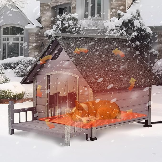 Heated Dog House with Insulated Liner, Waterproof Dog Kennel for Small to Medium Size Dogs, Outdoor Doghouse 100% Insulated Puppy Shelter with Elevated Floor for Winter (Grey-Heated, Medium)