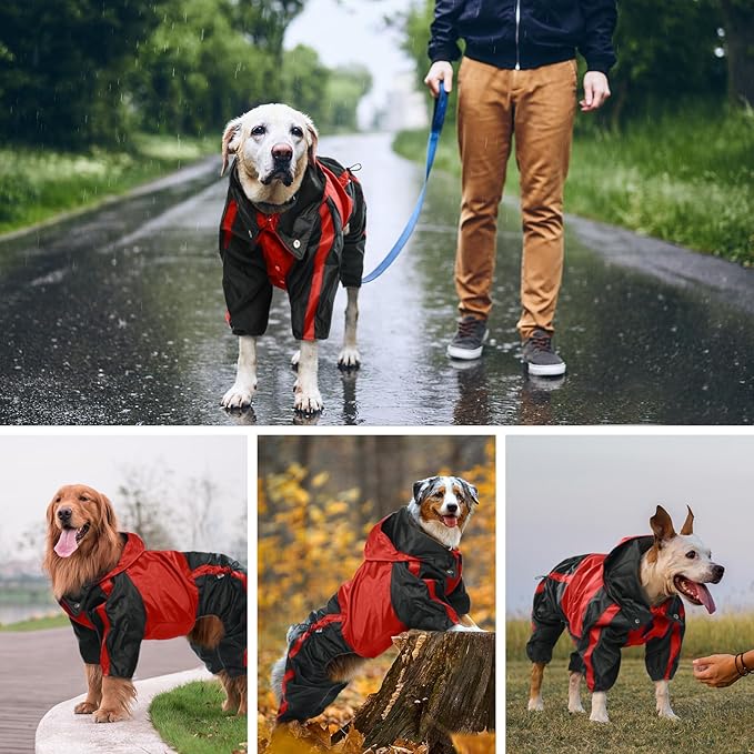 Dog Raincoat, Waterproof Dog Rain Jacket, Lightweight, Adjustable, Red, Large