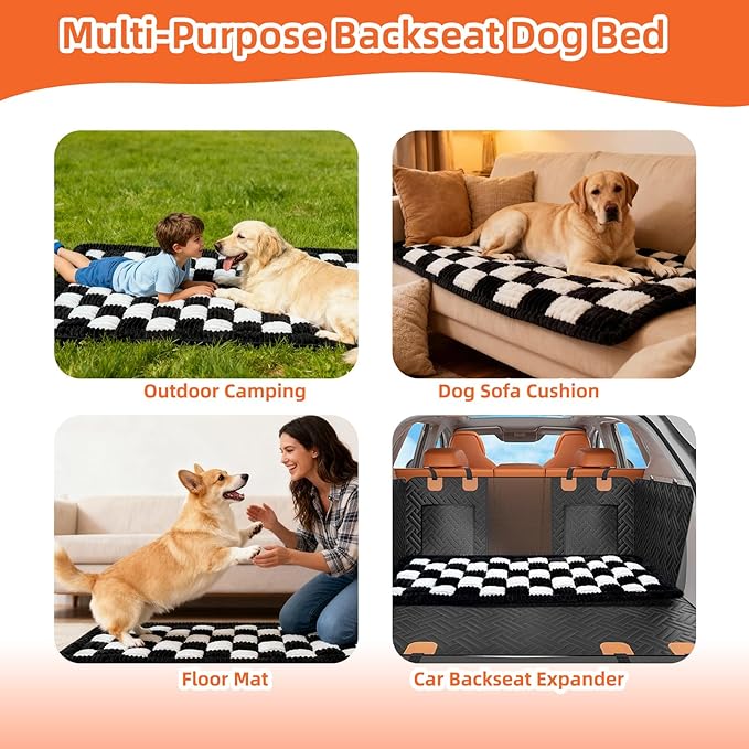 Backseat Pet Bed Mat, Deluxe Dog Seat Covers,Truck Plaid Dog Bed for Car Back Seat, Non-Slip Travel Pet Mat, Back seat Extenders for Car/SUV (for L-Black/White)