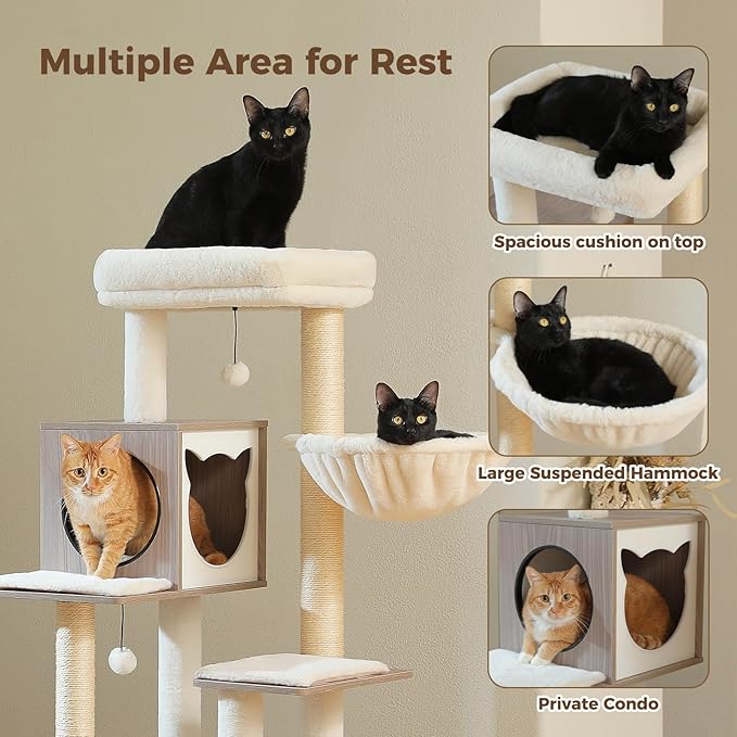 PEQULTI 57.5" Cat Tree with Litter Box Enclosure Large, Wood Cat Tower for Indoor Cats with Storage Cabinet and Cozy Cat Condo, Sisal Covered Scratching Post and Replaceable Dangling Balls, Grey