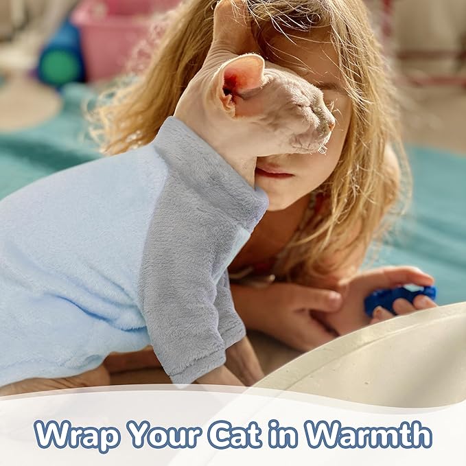 PUMYPOREITY Turtleneck Sweater for Sphynx Cat, Soft Coral Fleece Cat Clothes, Thick Winter Warm Outfit Coat with Sleeves, XS, Blue